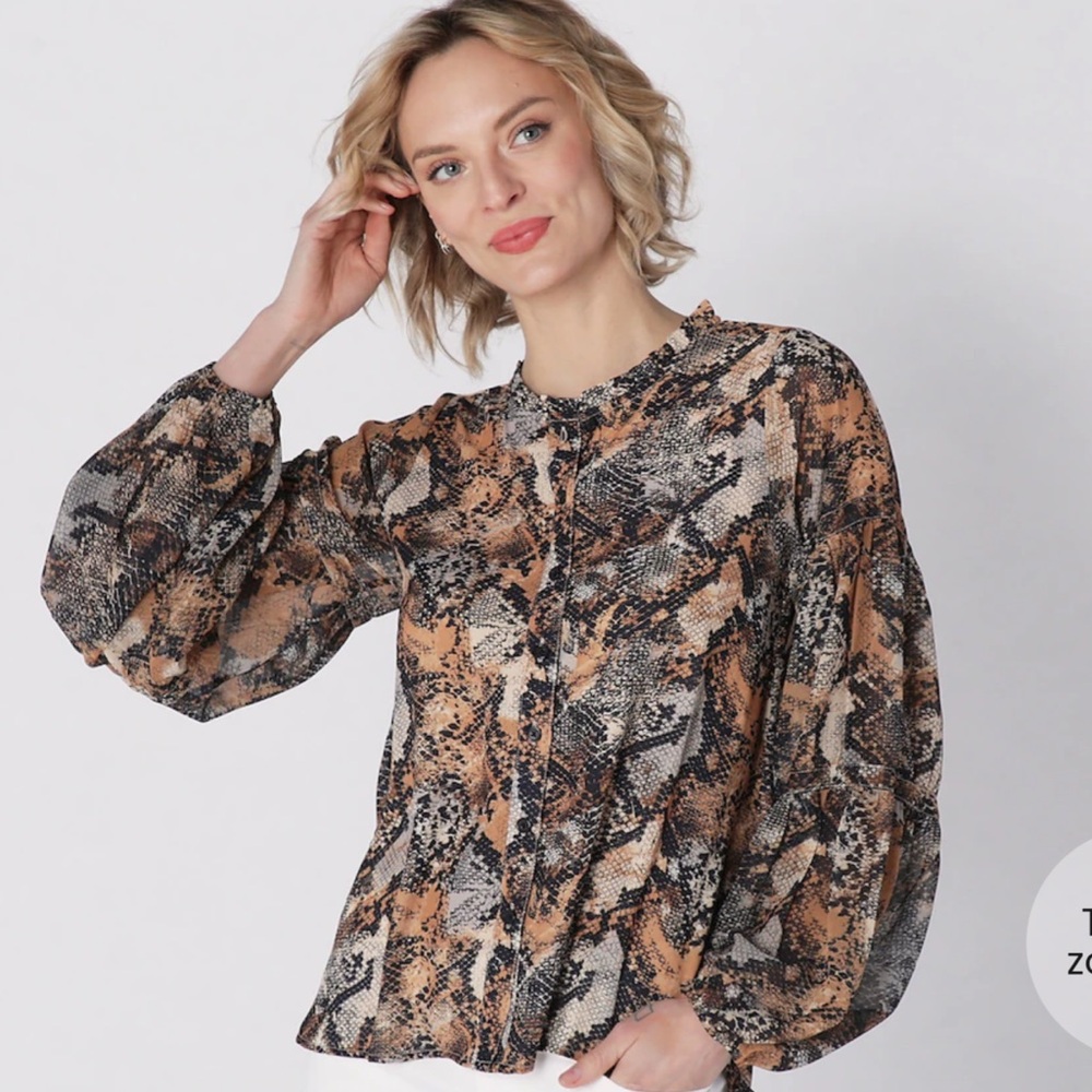 Diane Gilman Tiered Puff Sleeve Snake Print Brown Peasant Top NWT‎ Plus Size 3X